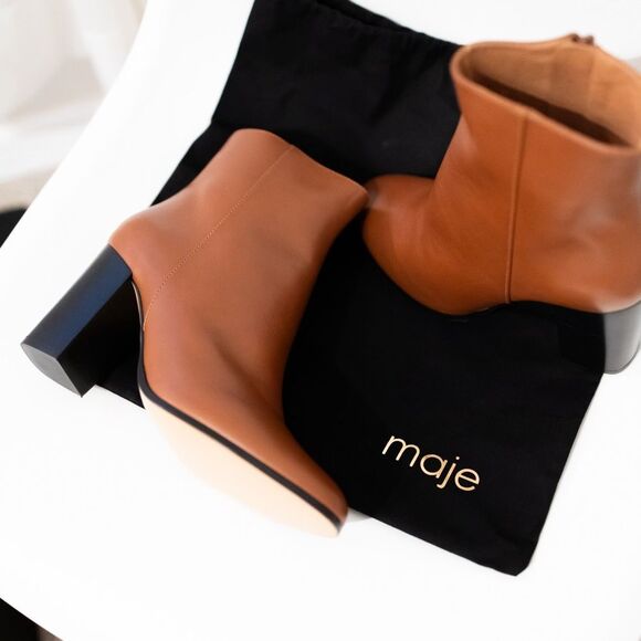NEW Maje Flixy Cognac Block Heel Booties Brown Boots Size 39 NIB - Picture 3 of 10